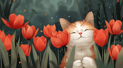 illustration of a cute cat holding bouquet of red tulips, 2d illustration, cartoon style, happy, holiday, greetings