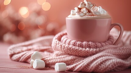 Fototapeta na wymiar a cup of hot chocolate and marshmallows on a pink blanket with a christmas tree in the background.