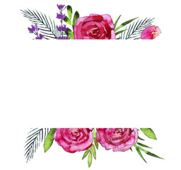 Watercolor flower frame, floral border of poppy, green leaves and buds