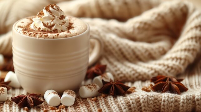 a cup of hot chocolate with marshmallows and star anise on a knitted blanket with star anise.