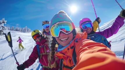 Joyful Ski Group on Mountain Slopes