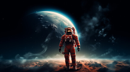 Astronauts exploring unknown planet. People wearing space suits walking on mountain landscape. Colonizing new frontier, Space exploration. Space travel and colonization concept	