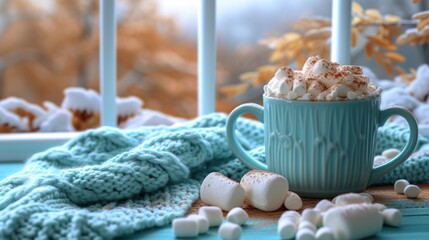 Fototapeta na wymiar a cup of hot chocolate with marshmallows in front of a window with a blanket on the window sill.