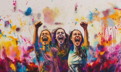 Artistic representation of three shouting women with fists up on colorful and white background fighting for their rights
