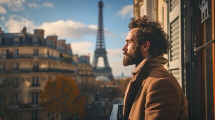 Contemplative Man Overlooking Parisian Skyline with Eiffel Tower in View - obrazy, fototapety, plakaty