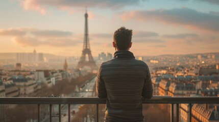 Fototapeta na wymiar Contemplative Man Overlooking Parisian Skyline with Eiffel Tower in View