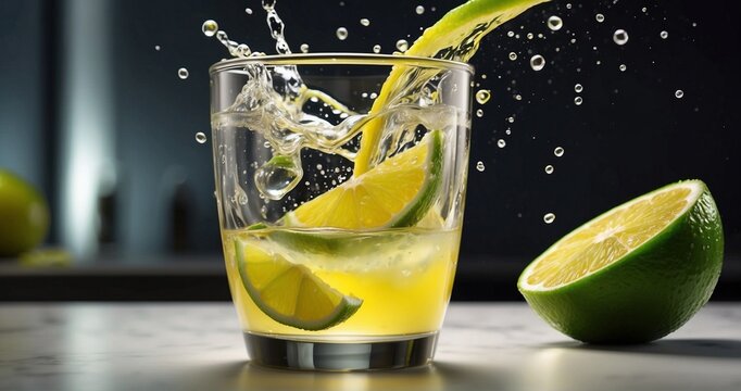 Illustrate an animated sequence or a series of images portraying the slow-motion pour of fresh lime juice into a glass of lemonade. Capture the ultra-realistic details of the liquid mixi-AI Generative
