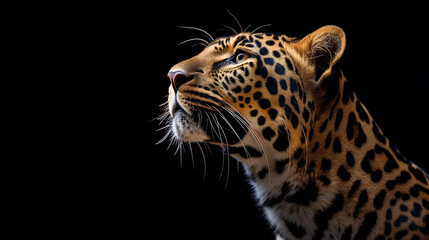 close up profile portrait of a leopard on a black background	
