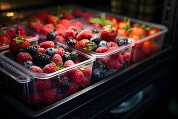 Frozen berries in plastic box on shelf in supermarket, closeup