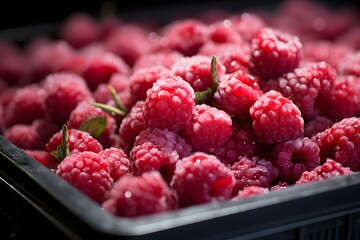 Fresh raspberries in a plastic box. Selective focus.