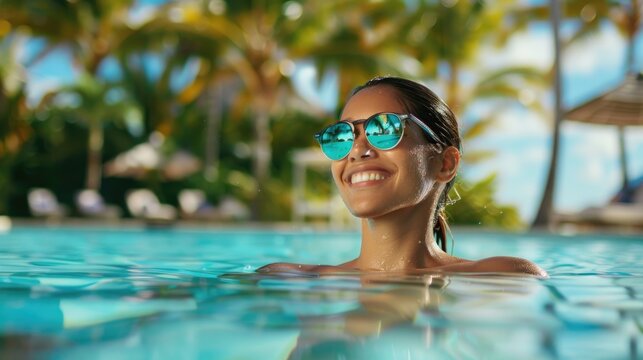 Cheerful Woman with Sunglasses Enjoying Pool Time in Tropical Resort