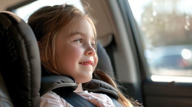 Smiling Young Girl Safely Buckled in a Car Seat Enjoying a Car Ride
