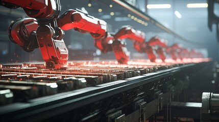 Arm of automobile production line. Large production line with industrial robot arms at modern factory. Automated Manufacturing Facility - obrazy, fototapety, plakaty