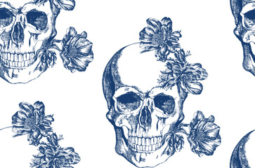 Vintage blue skull with flowers seamless pattern	