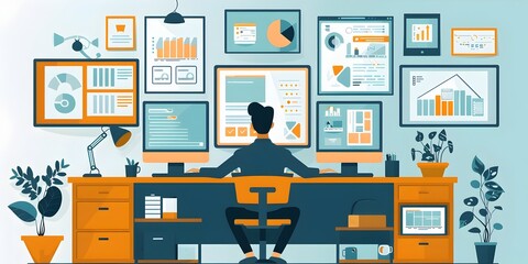 Businessman Working with Multiple Monitors in Stylish Illustration, To convey the concept of a busy professional managing multiple business
