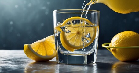 Compose an image of lemonade being poured over a glass filled with ice cubes. Pay attention to the realistic details of the liquid pouring, the melting ice-AI Generative
