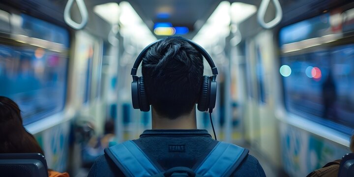 Man Listening to Music on Subway Train, This image can be used to convey the idea of individualism and solitude in modern urban society, particularly