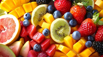 A variety of colorful fruits arranged for a fruit salad