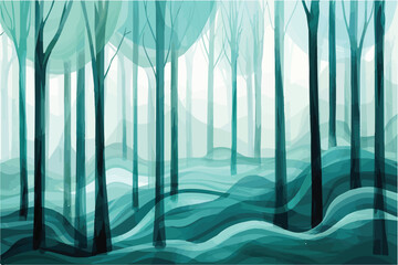 An abundance of trees intersecting under a green canopy in a vibrant forest painting