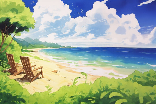 Two beach chairs on the seashore, sky with clouds. High quality illustration