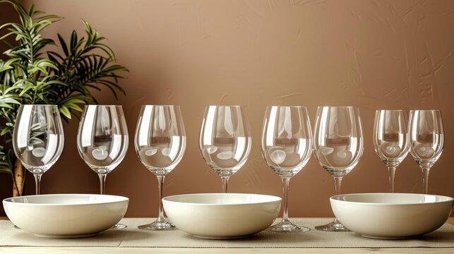 a group of wine glasses sitting on top of a table next to a bowl and a bowl on a table.