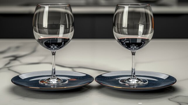 a couple of wine glasses sitting on top of a blue plate on top of a marble counter top next to each other.