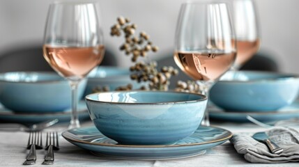 a close up of a plate with a bowl of food and a cup with a spoon and a glass of wine.