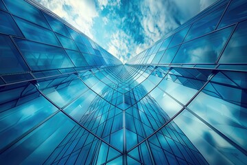 Fototapeta na wymiar Abstract Skyscraper Office Building View. Wide Angle Modern Architecture with Reflective Blue Glass and Sky Background