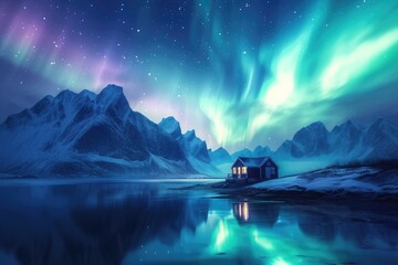 A serene setting featuring a small house beneath a vivid display of the Northern Lights, a serene lake in the foreground, and towering mountains in the backdrop. 