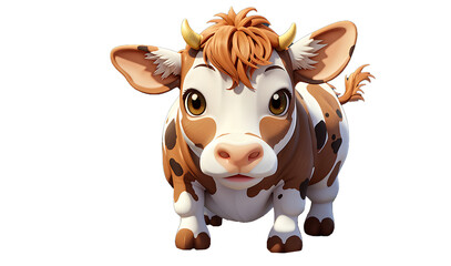Cheerful cartoon cow in a farm scene, surrounded by nature, with a funny expression, on alpha channel
