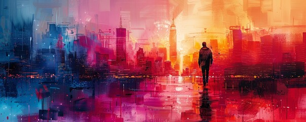 Vibrant colors and abstract backgrounds enhance urban sketches portraying dynamic city life.