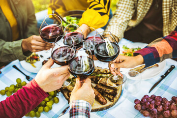Happy friends drinking red wine at farm house vineyard countryside - Group of young people enjoying...