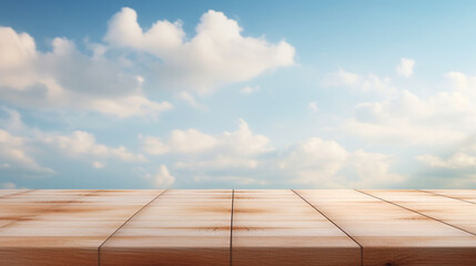 wooden table with white clouds background generative ai