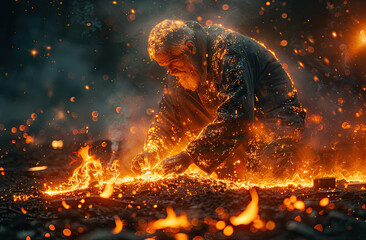 blacksmith working in a factory. sparks from metal