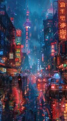 Naklejka premium Sketching cyberpunk cityscapes with vintage map overlays, ethnic patterns, and neon signs creates a vibrant urban aesthetic.