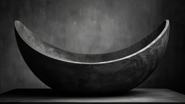  a black and white photo of a large bowl with a curved design in the middle of it's surface.