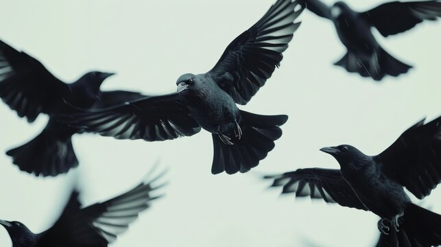  a flock of black birds flying through a cloudy sky with their wings spread out and one bird in the foreground with its mouth open.
