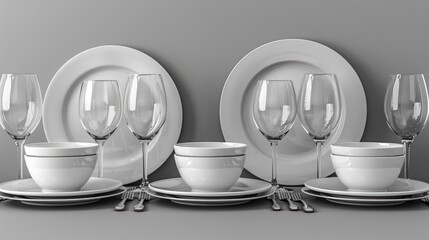 a black and white photo of a table setting with wine glasses, plates, cups, and saucers on it.