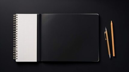 black background with notepad, book, and pencil generative ai