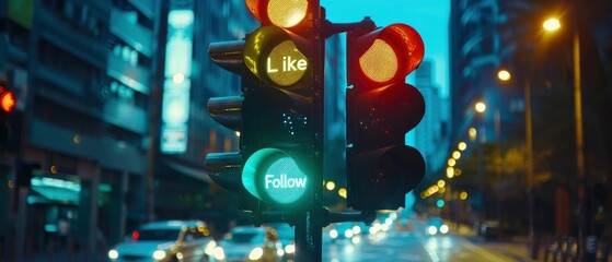 Engagement Concept, Traffic Lights Displaying Like, Share, Follow Texts - obrazy, fototapety, plakaty