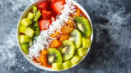 A tropical fruit smoothie bowl topped with coconut flakes and sliced kiwi