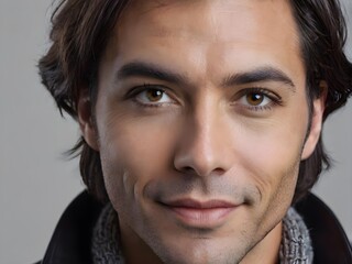 Obraz premium Portrait of handsome smiling man with expressive brown eyes, looking at camera