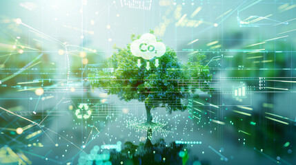 Business Innovative Sustainable Energy Concept. Tree with Carbon Reduction, Data, Nature and Technology for a Greener Future. Explore Ecosystem Innovation, Climate Change, and Weather, Co2
