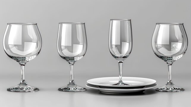 a set of four wine glasses sitting next to each other on top of a white plate on top of a table.
