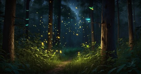 Craft an ultra-realistic image of fireflies illuminating a dark forest. Capture the detailed glow of individual fireflies in flight, creating a magical and enchanting atmosphere. -AI Generative