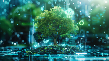 Innovative Sustainable Energy Concept. Tree with Carbon Reduction, Data Graph Lines and Dots, Nature and Technology for a Greener Future. Explore Ecosystem Innovation, Climate Change, and Weather, Co2