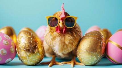 Happy Easter Concept Chicken wearing Sunglasses