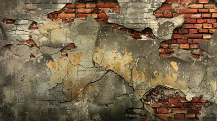 Fotobehang A crumbling old wall stands tall, its weathered bricks telling stories of the past. Rendered in a gritty, realistic style, this image captures the essence of history and decay  © Suradet Rakha
