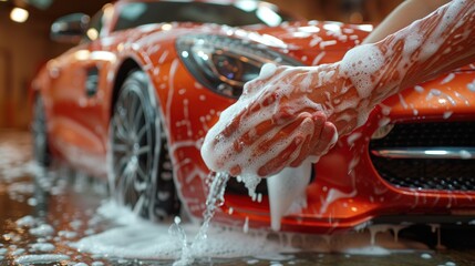 a person washing a red sports car with a foamy hand sanitizer on the front of the car. - obrazy, fototapety, plakaty