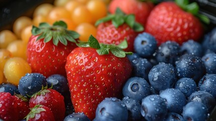 a close up of strawberries, blueberries, oranges, and strawberries with water droplets on them.